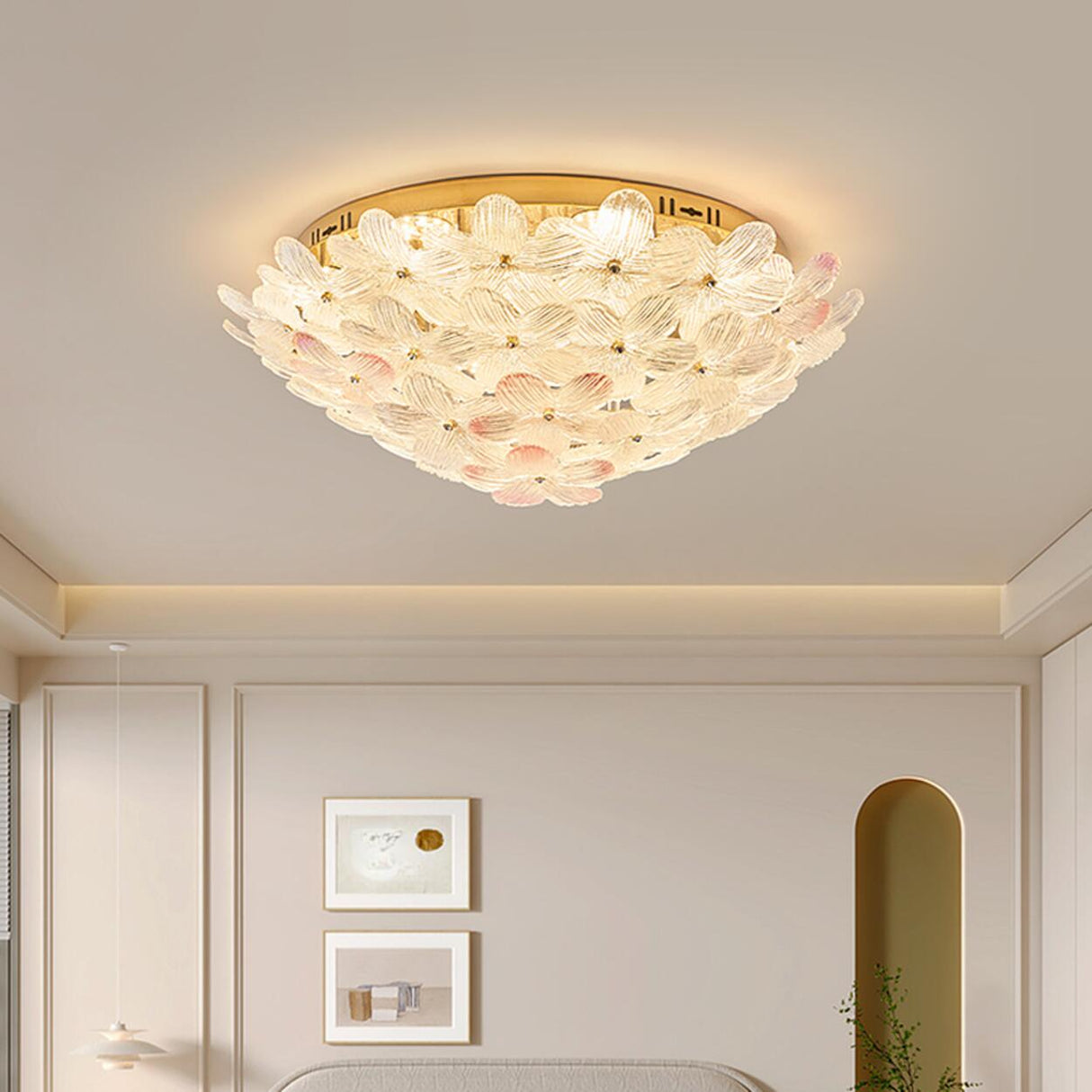 Elegant Gold Glass Floral LED Flush Mount Ceiling Light Image - 6