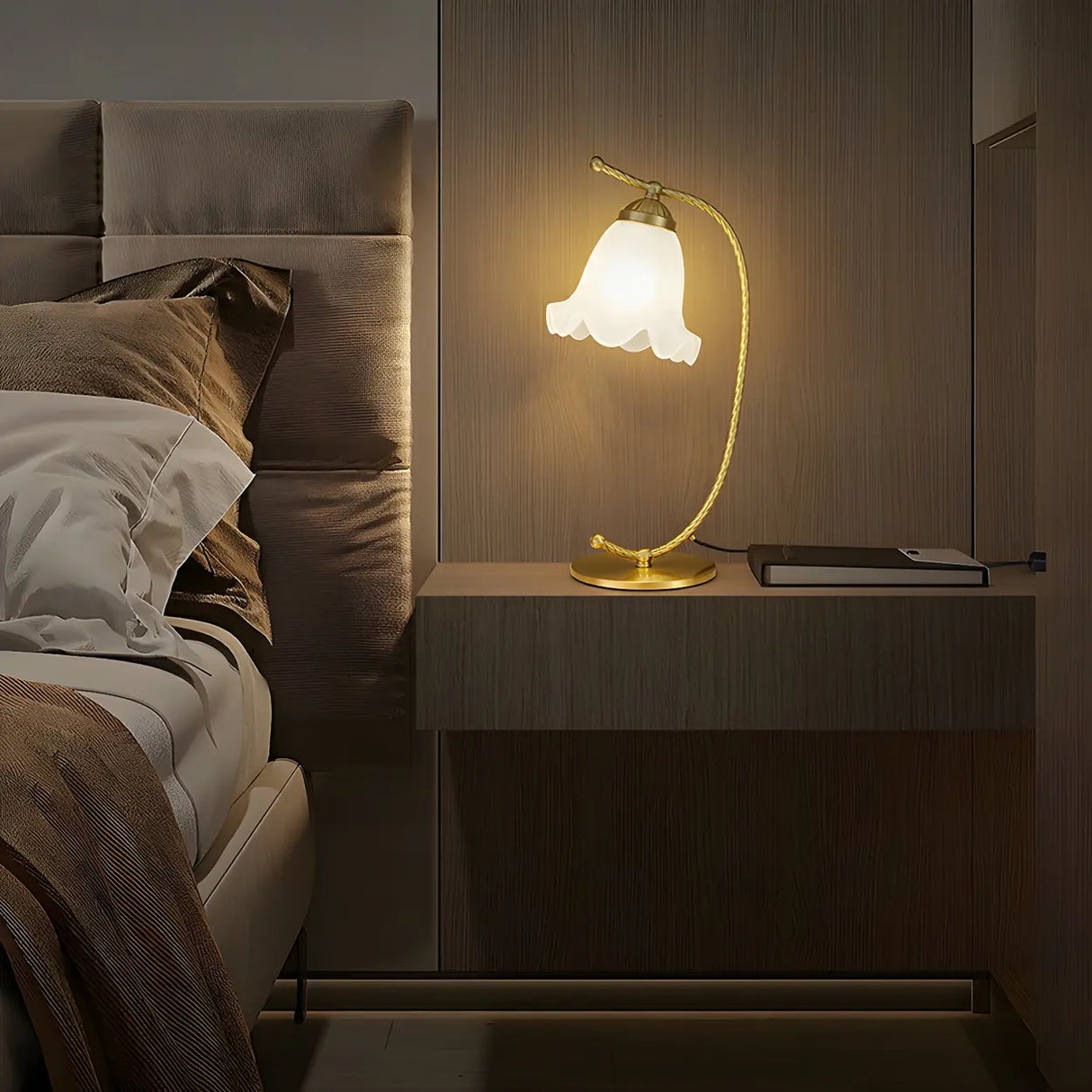 Elegant Gold Metal White Glass Bell Shade Table Lamp Image - 10