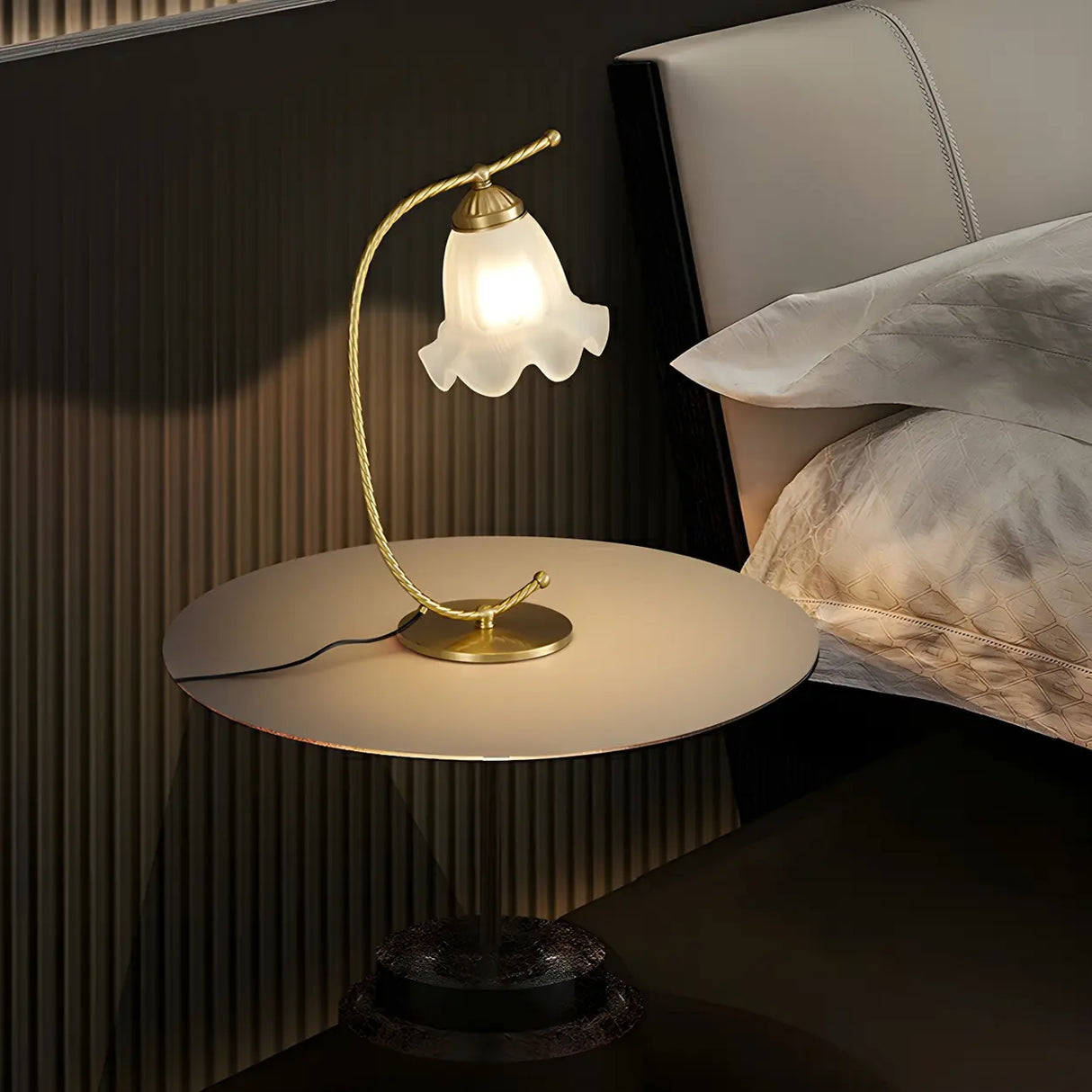 Elegant Gold Metal White Glass Bell Shade Table Lamp Image - 3