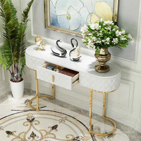 Elegant Gold Oval Marble Top White Storage Console Table Image - 1