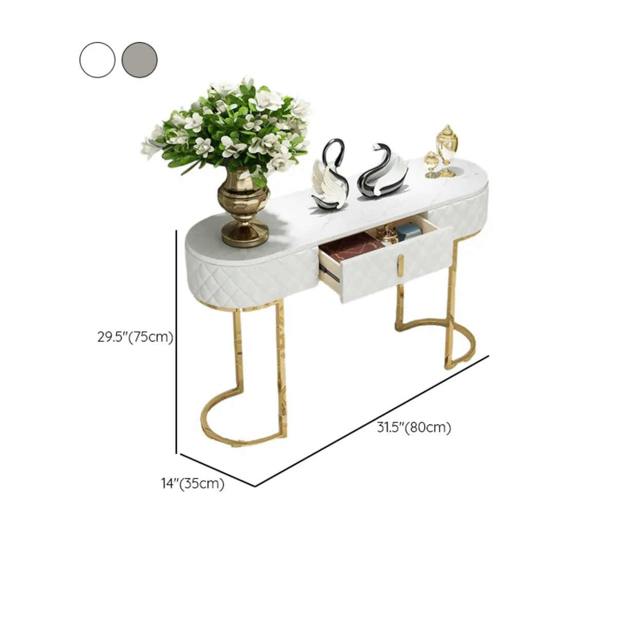 Elegant Gold Oval Marble Top White Storage Console Table Image - 11