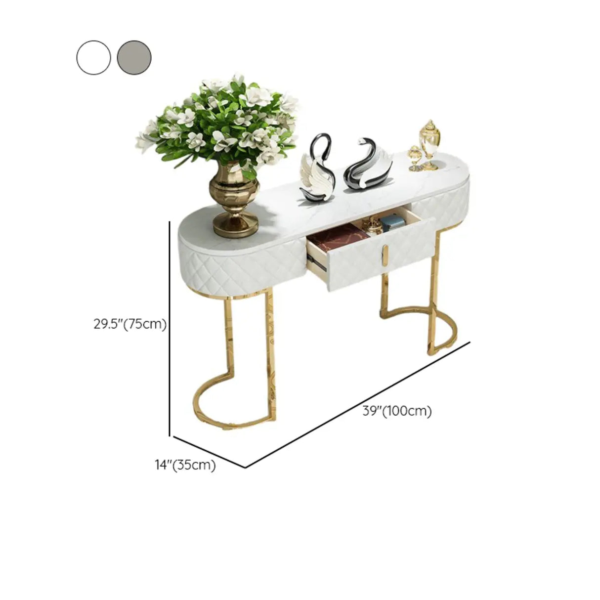 Elegant Gold Oval Marble Top White Storage Console Table Image - 13