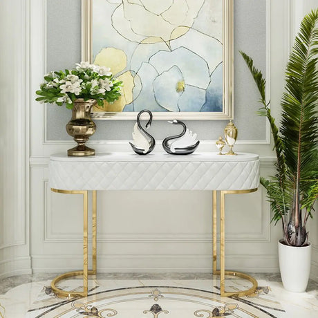 Elegant Gold Oval Marble Top White Storage Console Table Image - 2