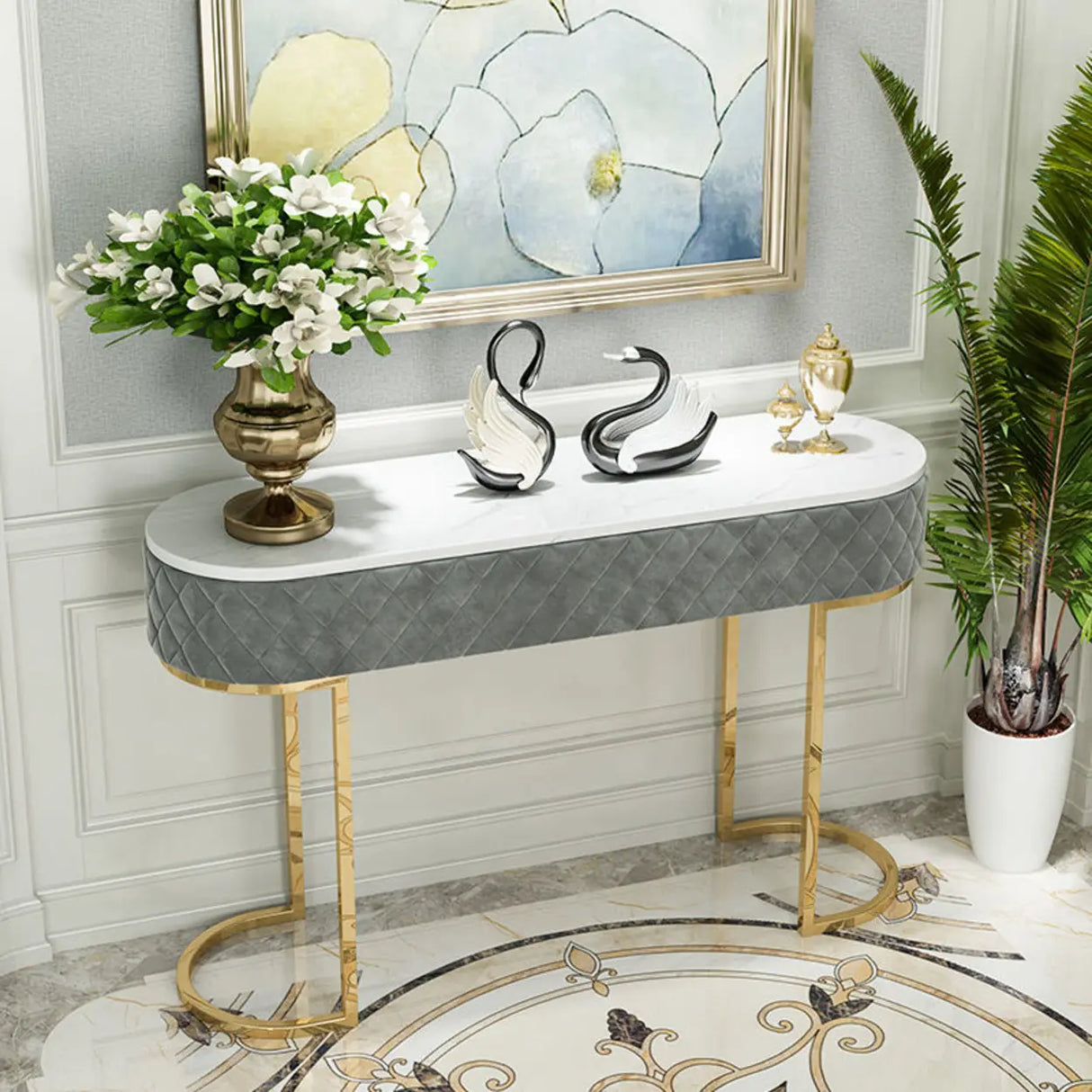 Elegant Gold Oval Marble Top White Storage Console Table Image - 3