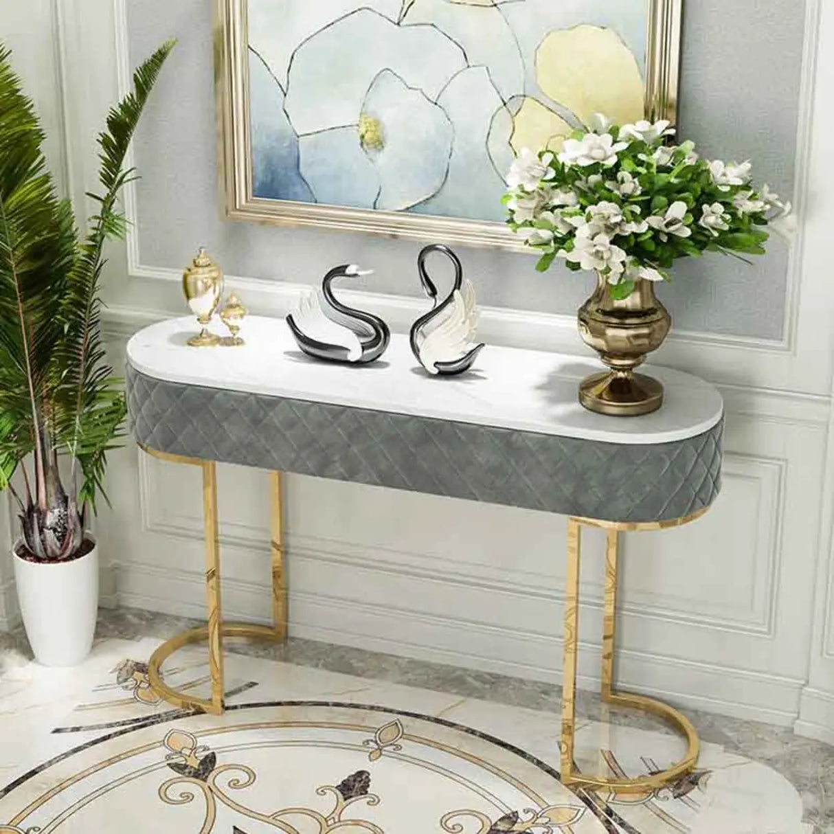 Elegant Gold Oval Marble Top White Storage Console Table Image - 4