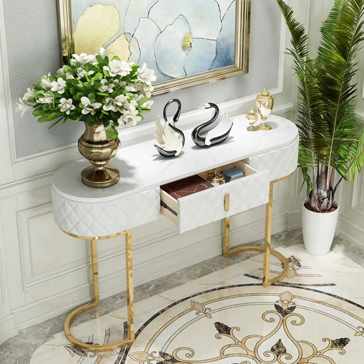 Elegant Gold Oval Marble Top White Storage Console Table Image - 5