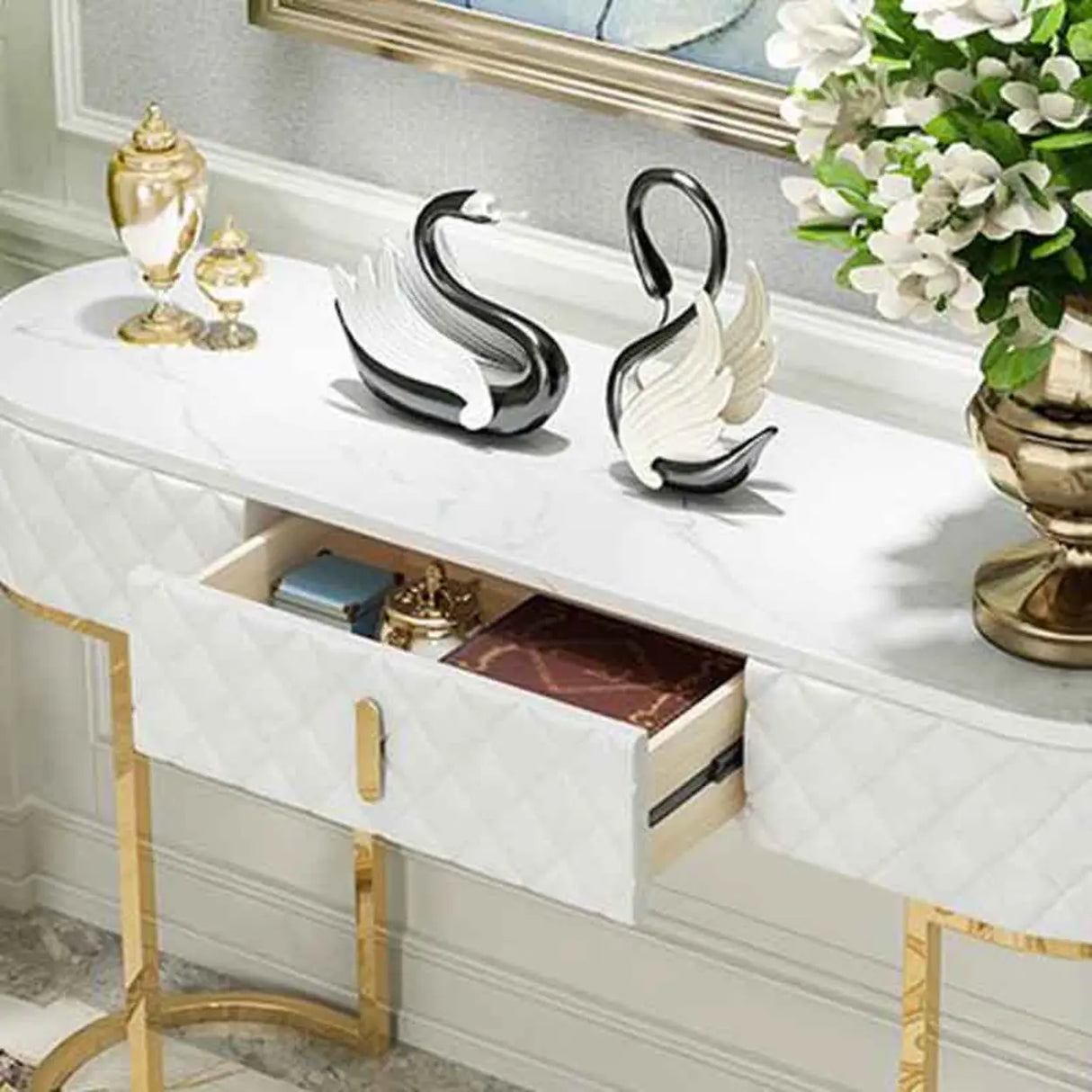 Elegant Gold Oval Marble Top White Storage Console Table Image - 8