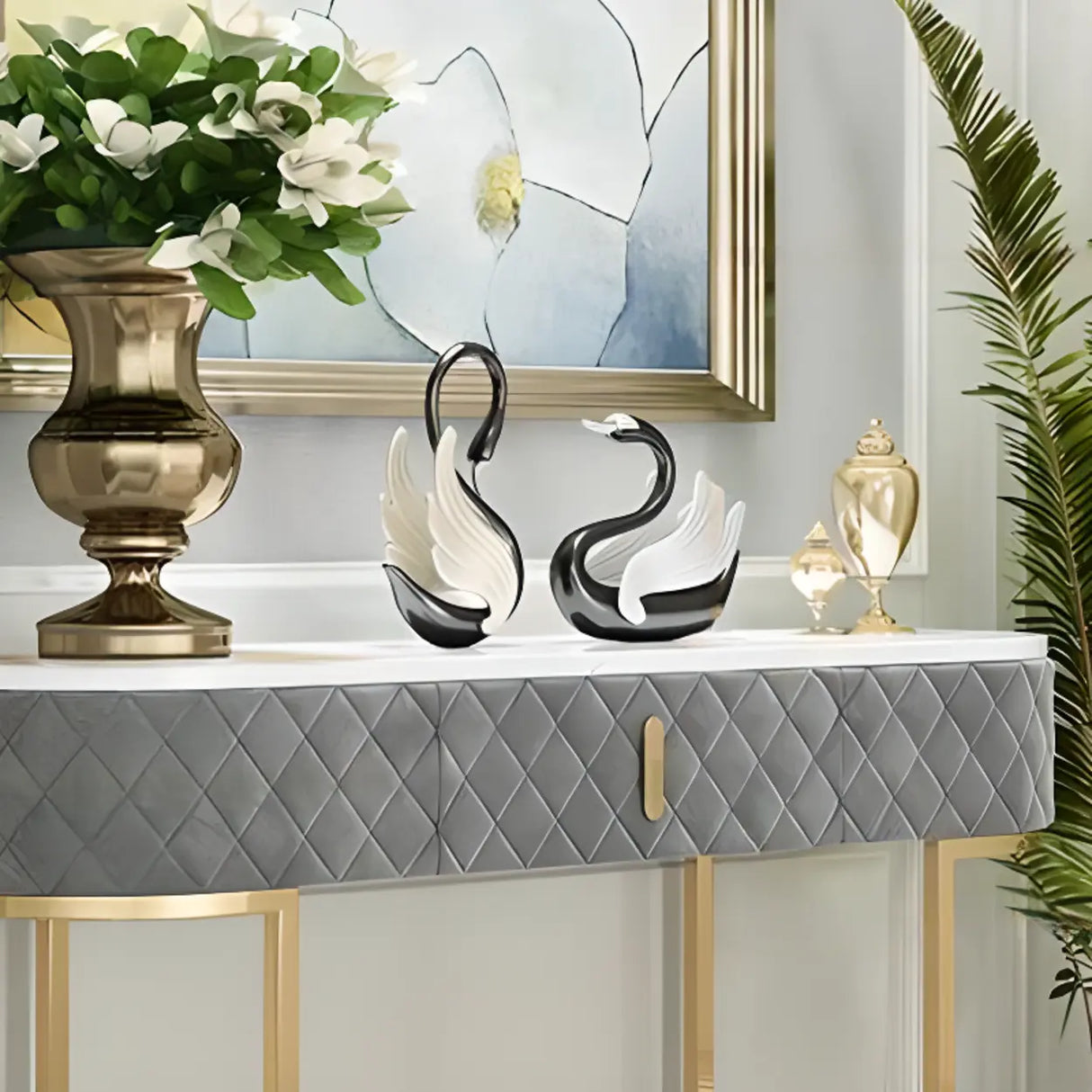 Elegant Gold Oval Marble Top White Storage Console Table Image - 9