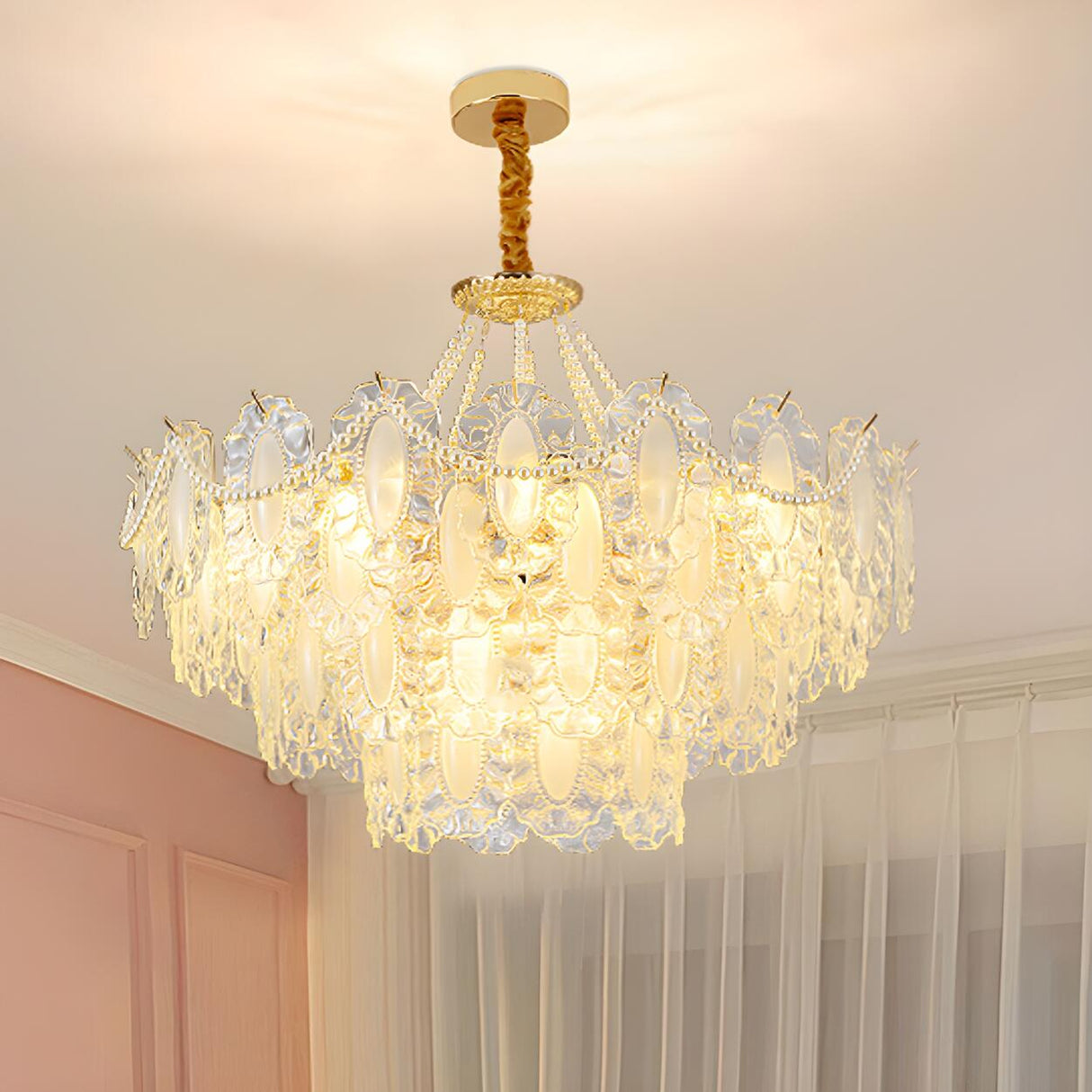 Elegant Gold Tiered Clear Glass Intricate Lace Chandelier Image - 1