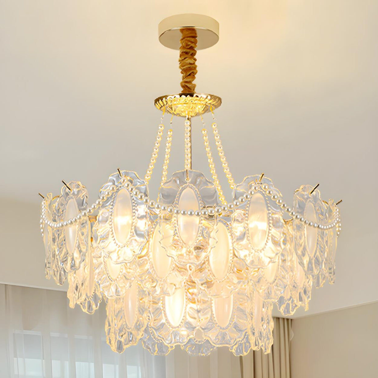 Elegant Gold Tiered Clear Glass Intricate Lace Chandelier Image - 2