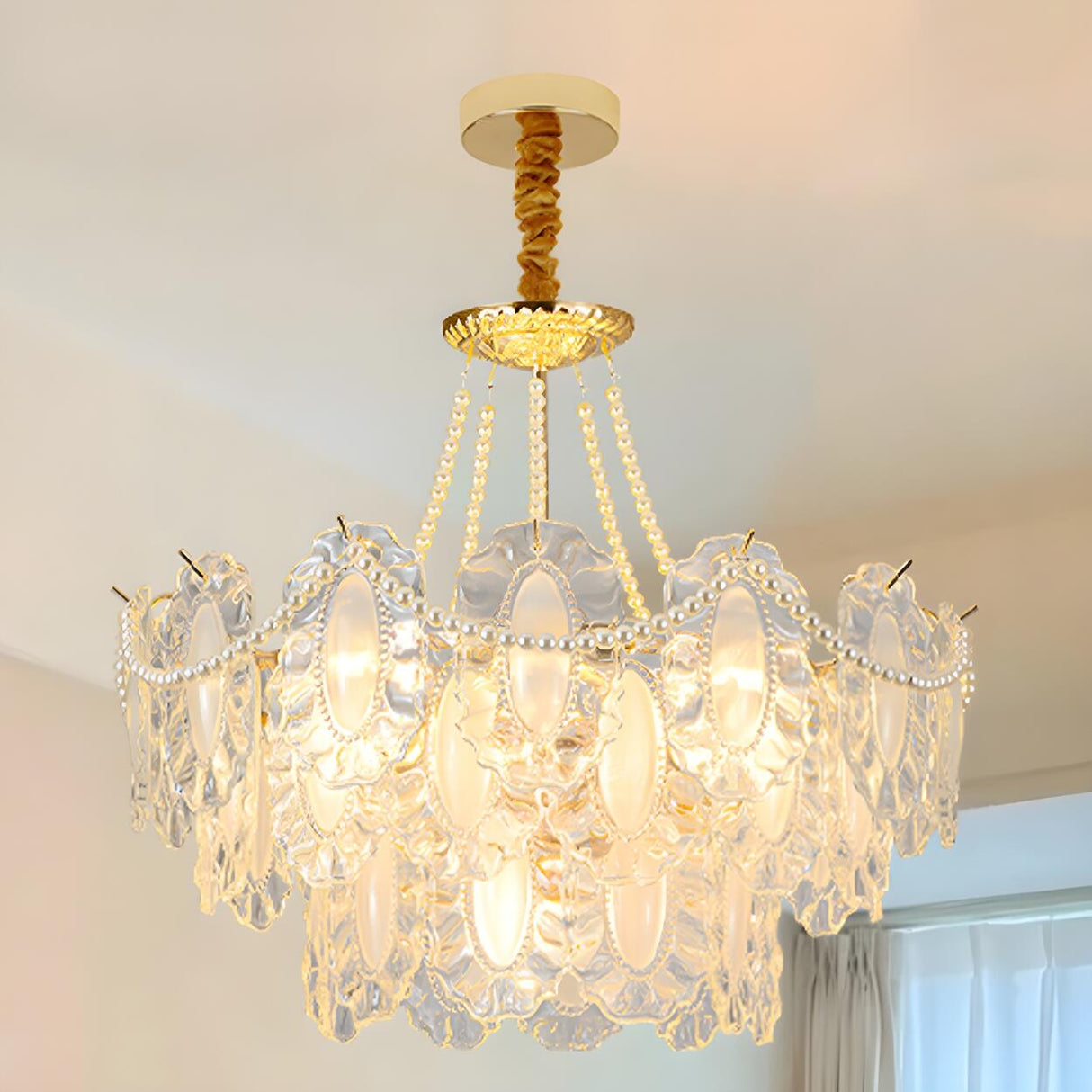 Elegant Gold Tiered Clear Glass Intricate Lace Chandelier Image - 3