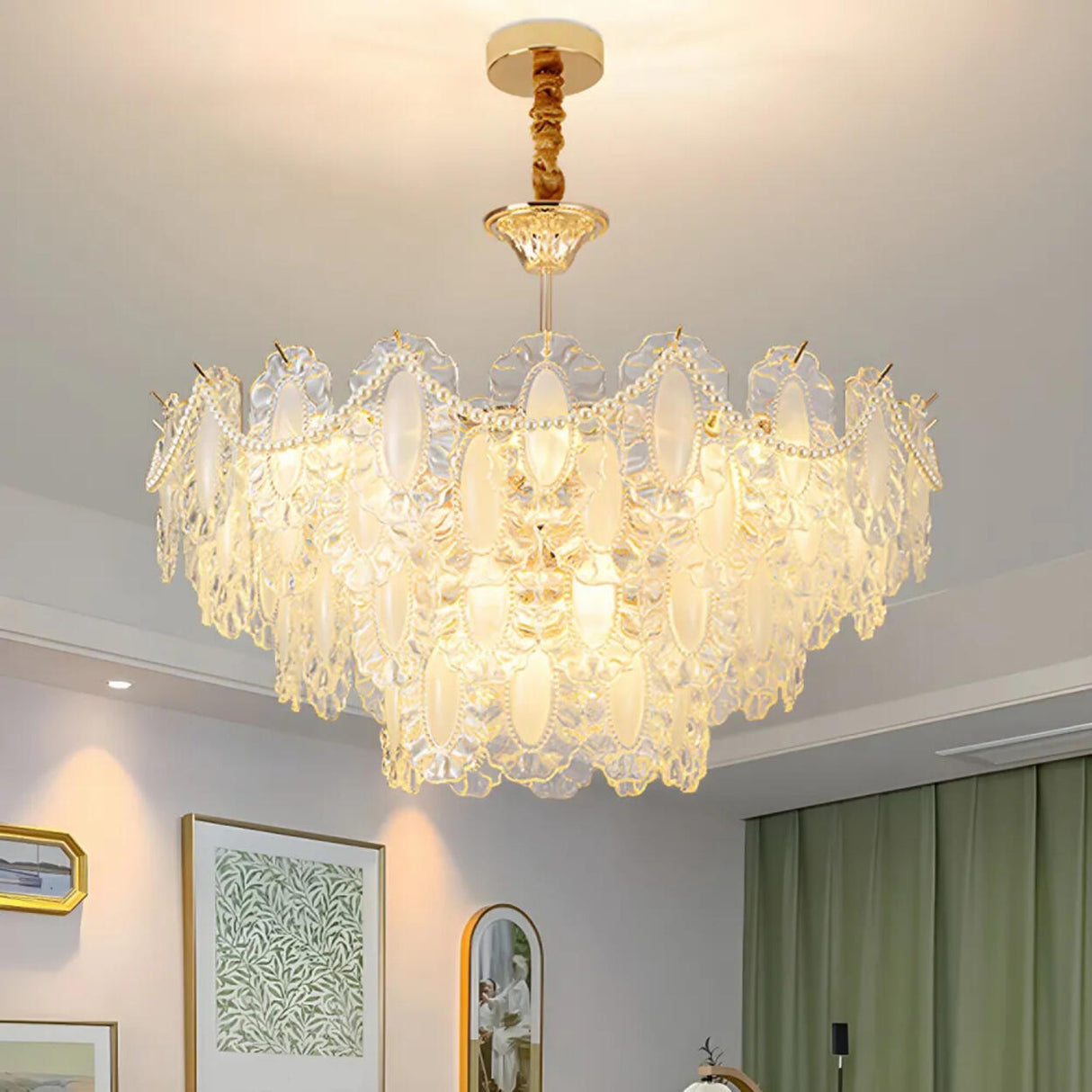 Elegant Gold Tiered Clear Glass Intricate Lace Chandelier Image - 4