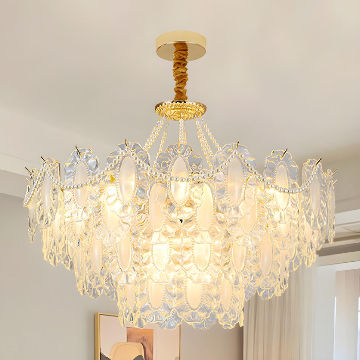 Elegant Gold Tiered Clear Glass Intricate Lace Chandelier Image - 5