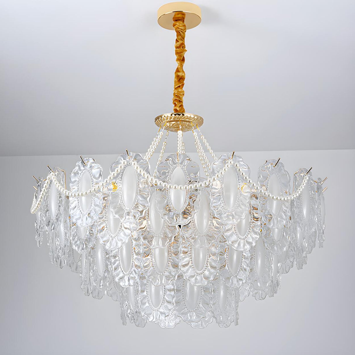 Elegant Gold Tiered Clear Glass Intricate Lace Chandelier Image - 6