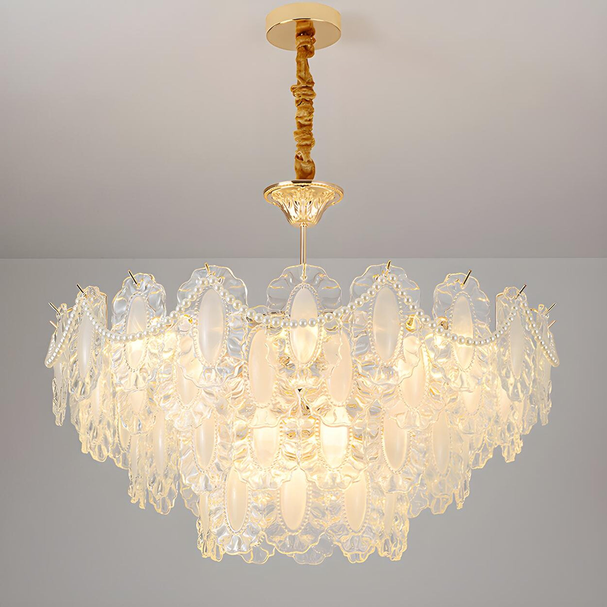 Elegant Gold Tiered Clear Glass Intricate Lace Chandelier Image - 7