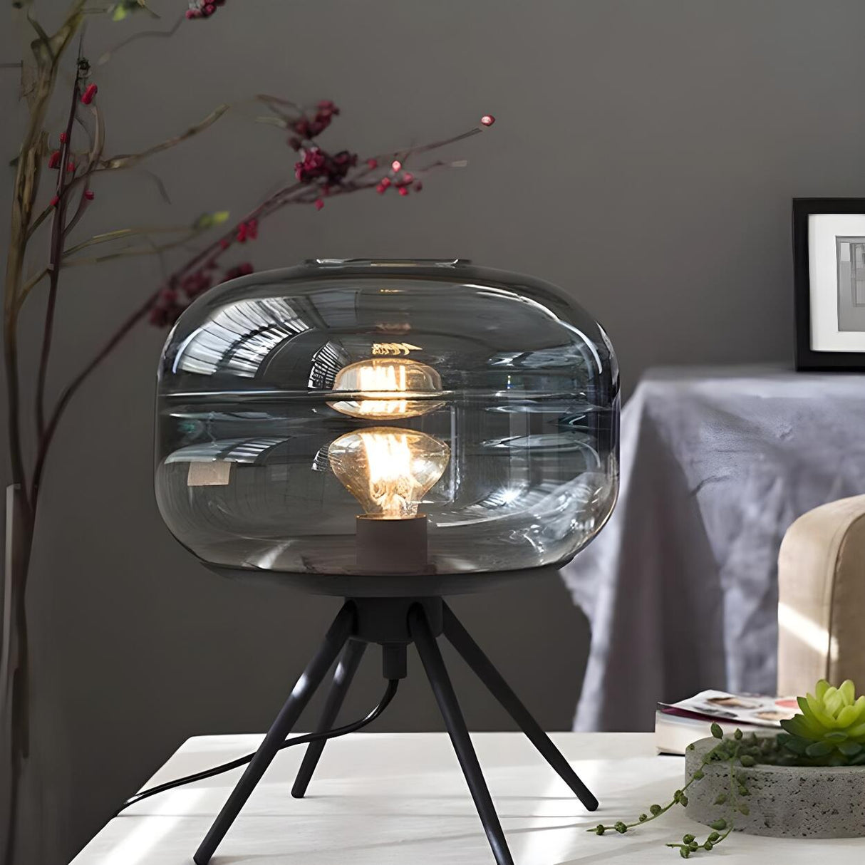 Elegant Grey Glass Shade Metal Tripod Base Table Lamp Image - 10