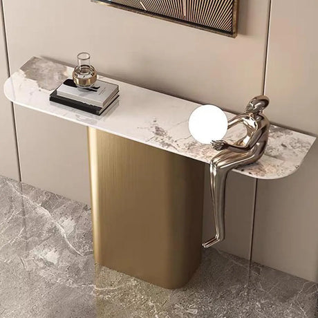 Elegant Half-circle Pedestal Stone Gold Base Console Table Image - 1