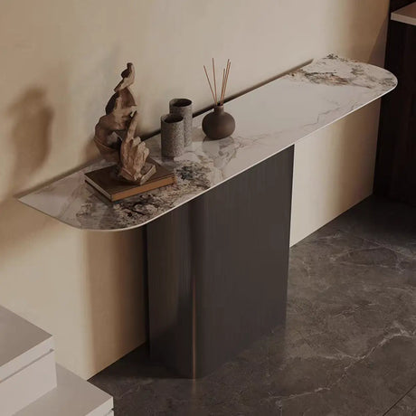 Elegant Half-circle Pedestal Stone Gold Base Console Table Image - 3