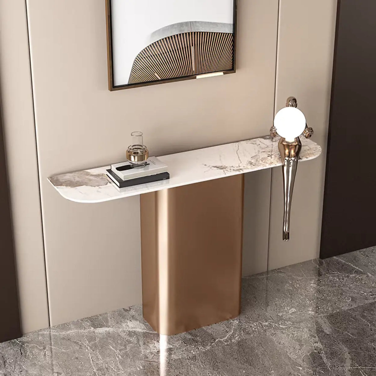 Elegant Half-circle Pedestal Stone Gold Base Console Table Image - 5
