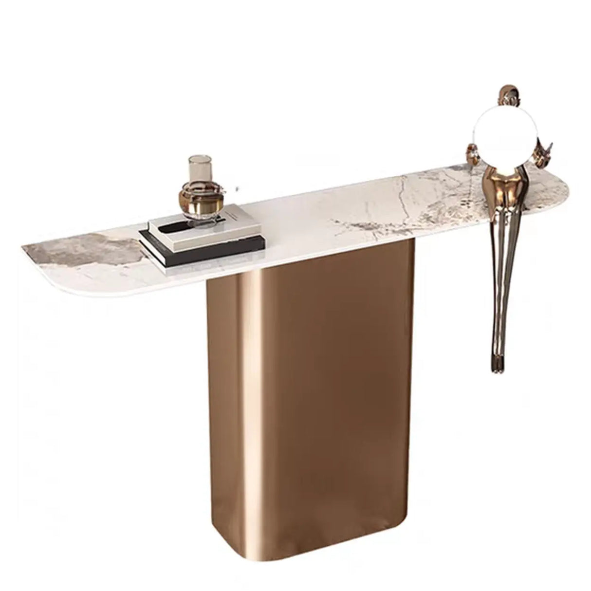Elegant Half-circle Pedestal Stone Gold Base Console Table Image - 7