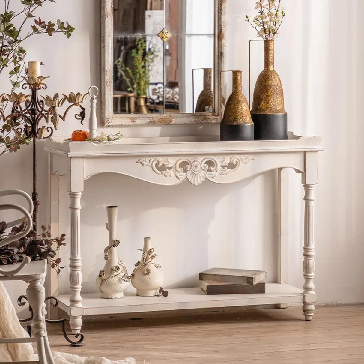 Elegant Half Circle Wood Standard Console Table with Shelf Image - 1