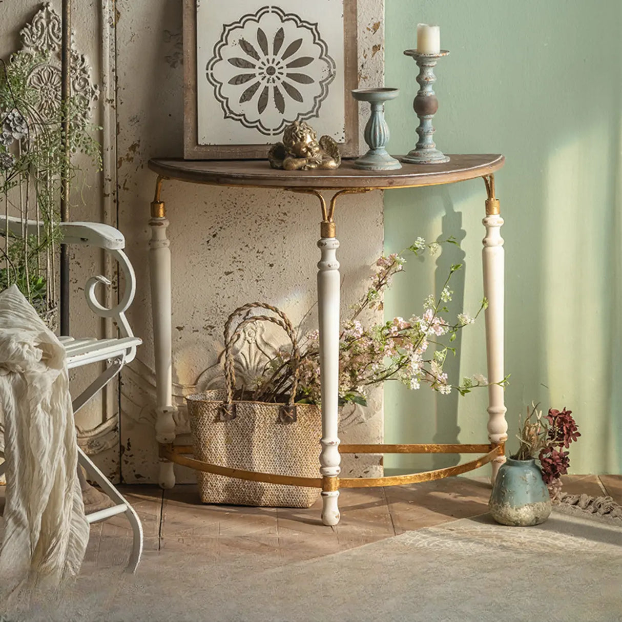 Elegant Half Circle Wood Standard Console Table with Shelf Image - 4