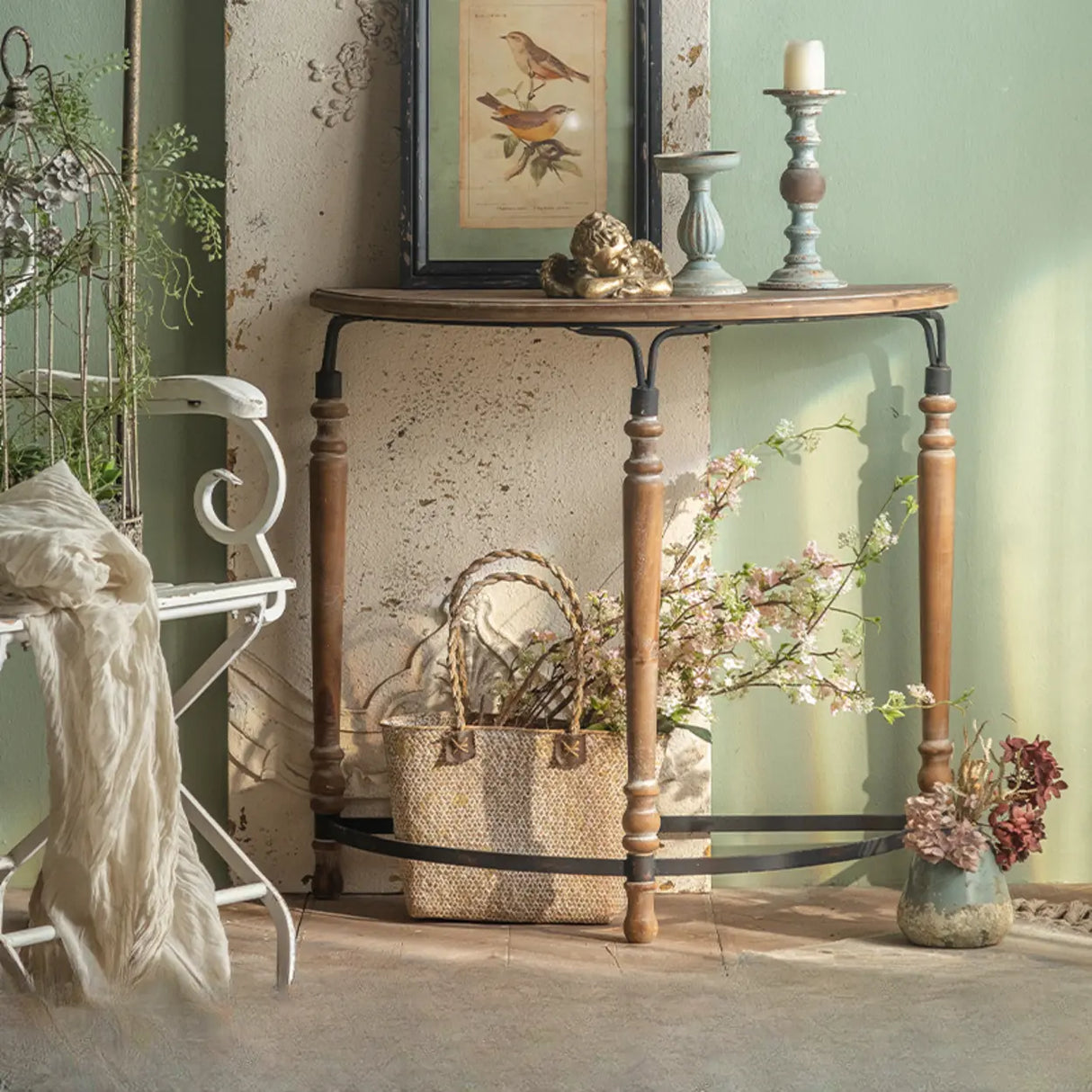 Elegant Half Circle Wood Standard Console Table with Shelf Image - 6