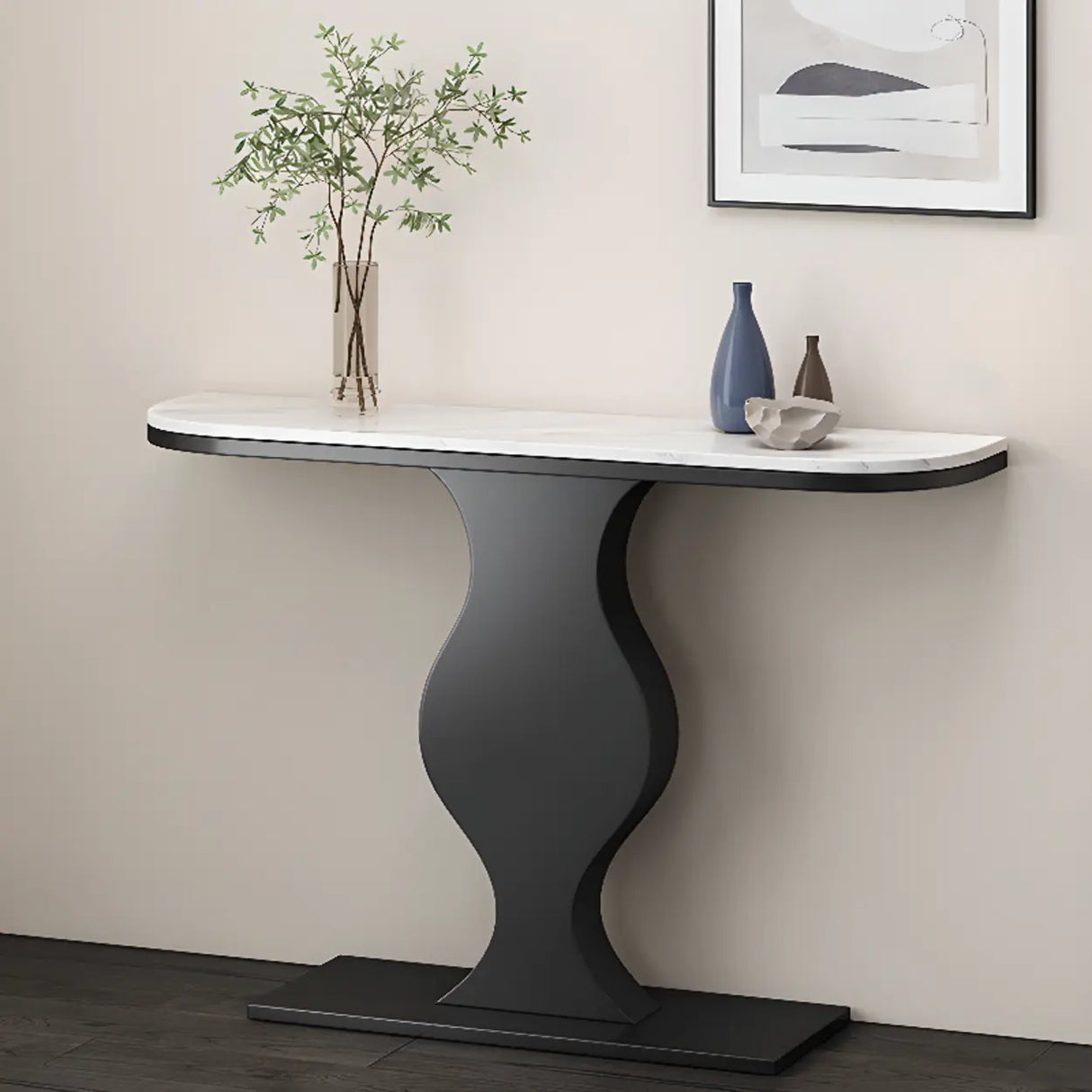 Elegant Half Moon Marble Black Foyer Console Table Image - 1