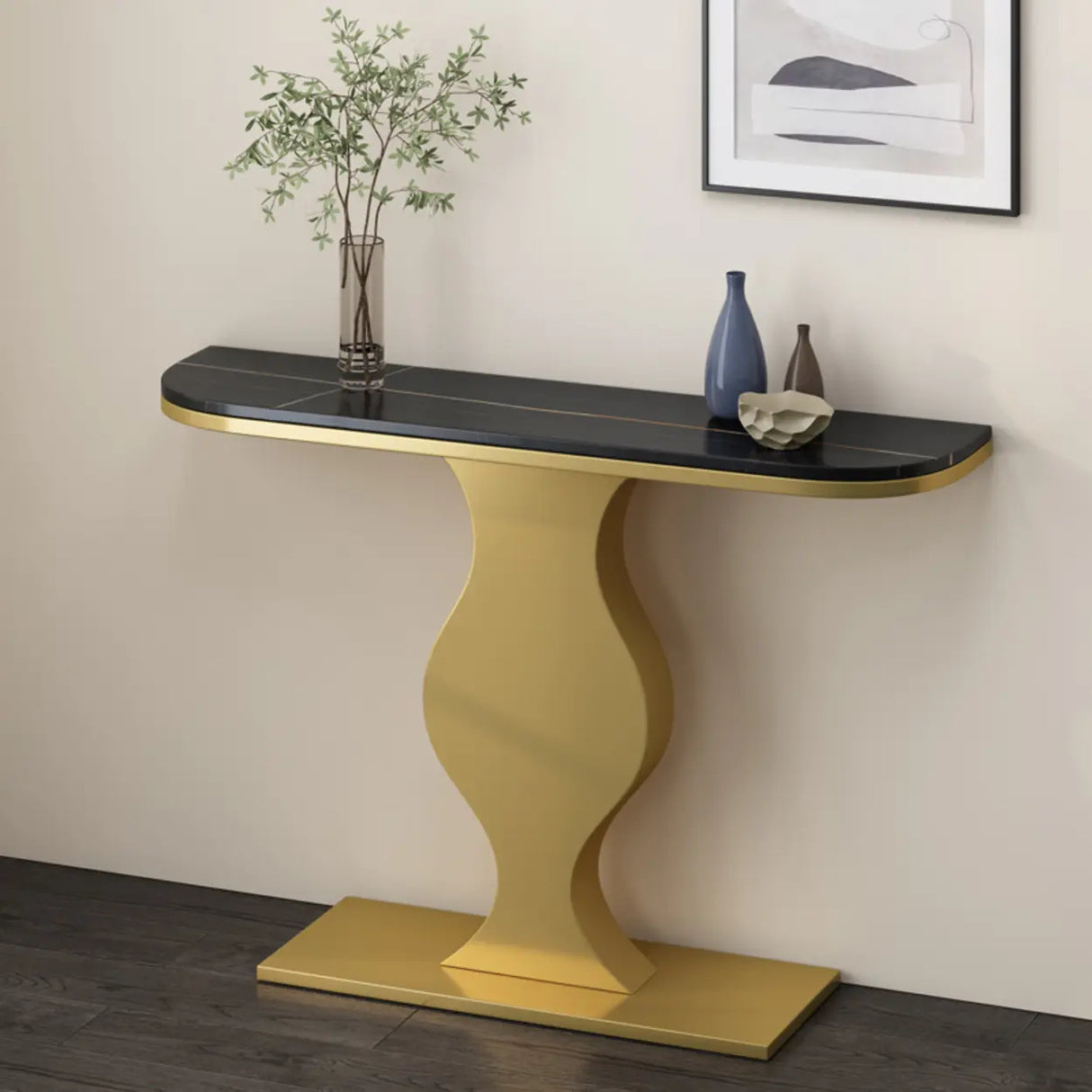 Elegant Half Moon Marble Black Foyer Console Table Image - 5