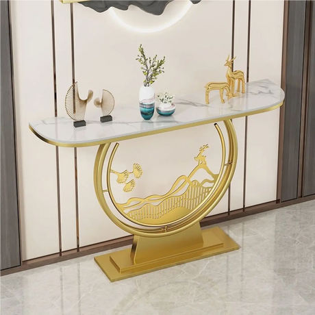 Elegant Half Moon Stone Top Gold Abstract Console Table Image - 1