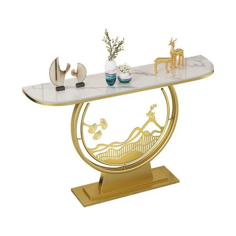 Elegant Half Moon Stone Top Gold Abstract Console Table Image - 2