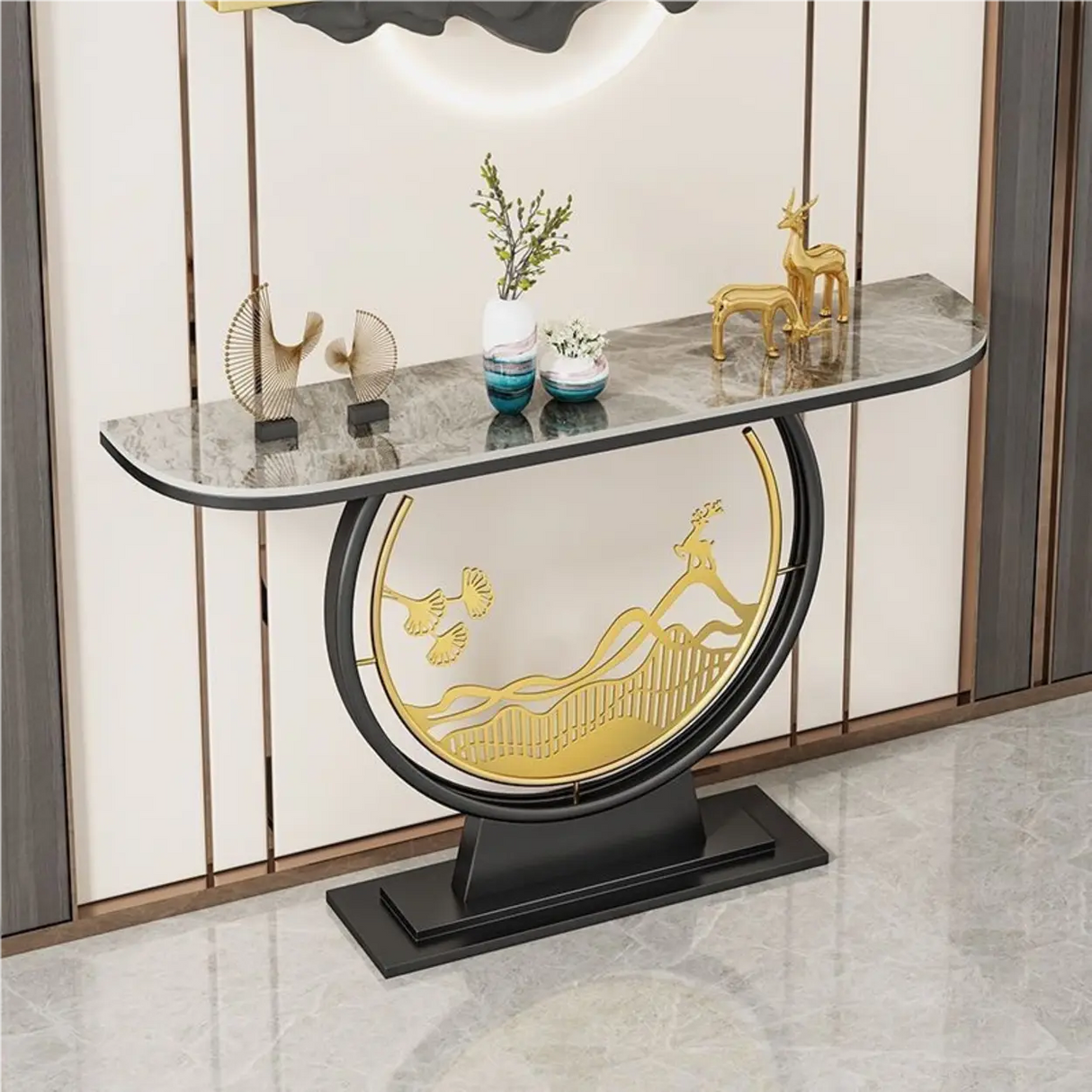 Elegant Half Moon Stone Top Gold Abstract Console Table Image - 3
