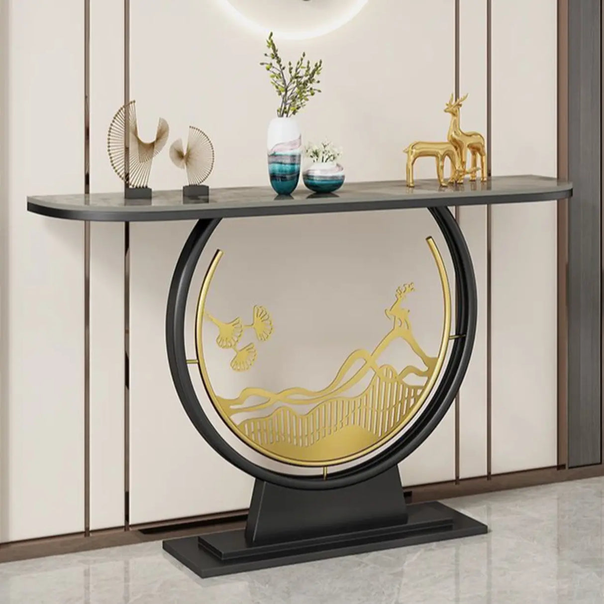 Elegant Half Moon Stone Top Gold Abstract Console Table Image - 4