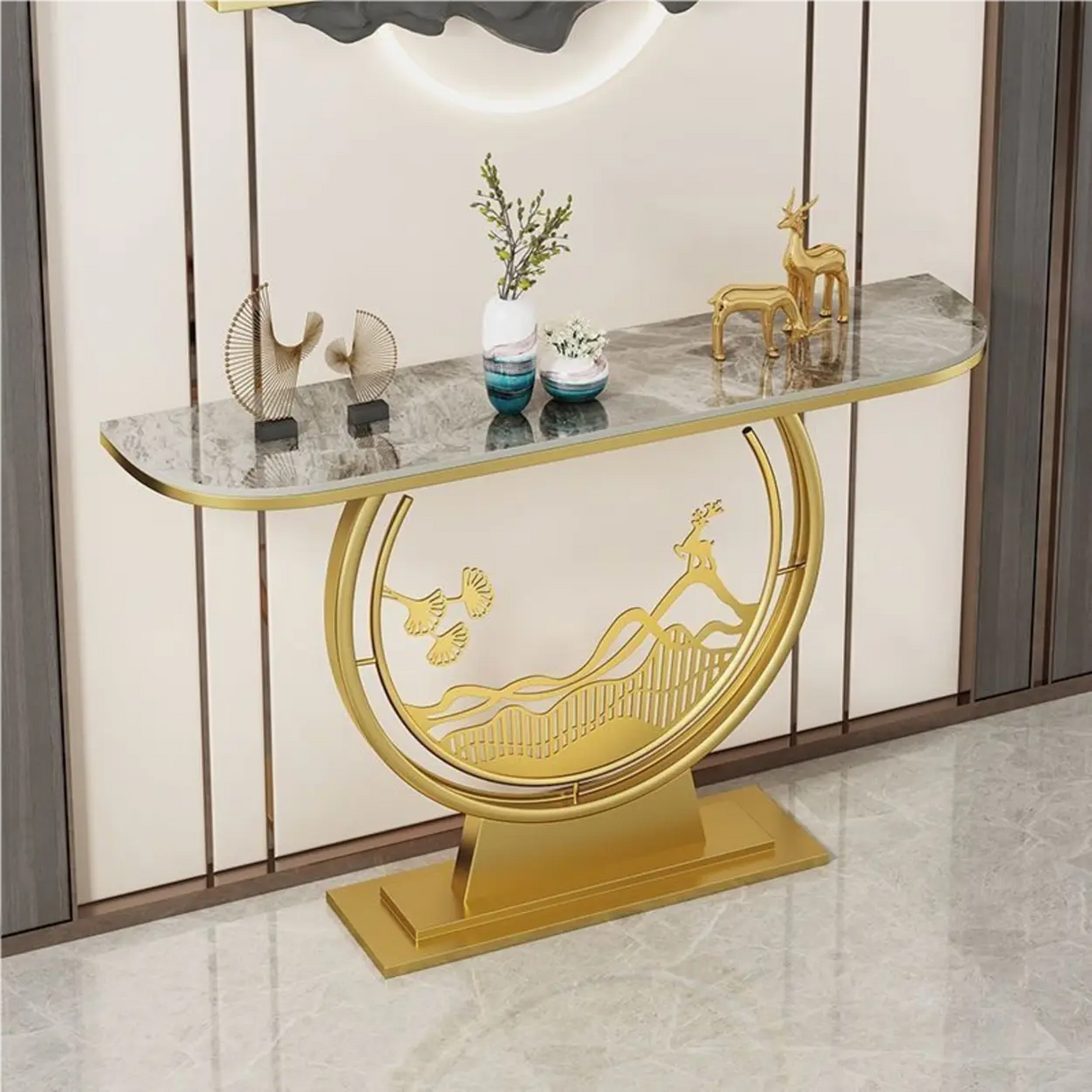 Elegant Half Moon Stone Top Gold Abstract Console Table Image - 5