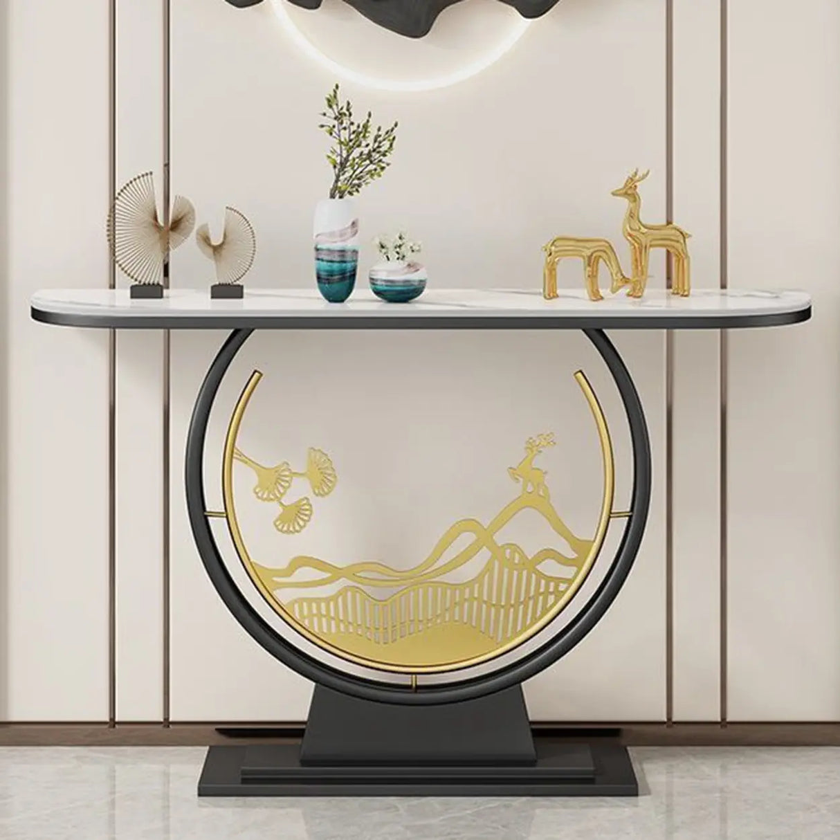 Elegant Half Moon Stone Top Gold Abstract Console Table Image - 6