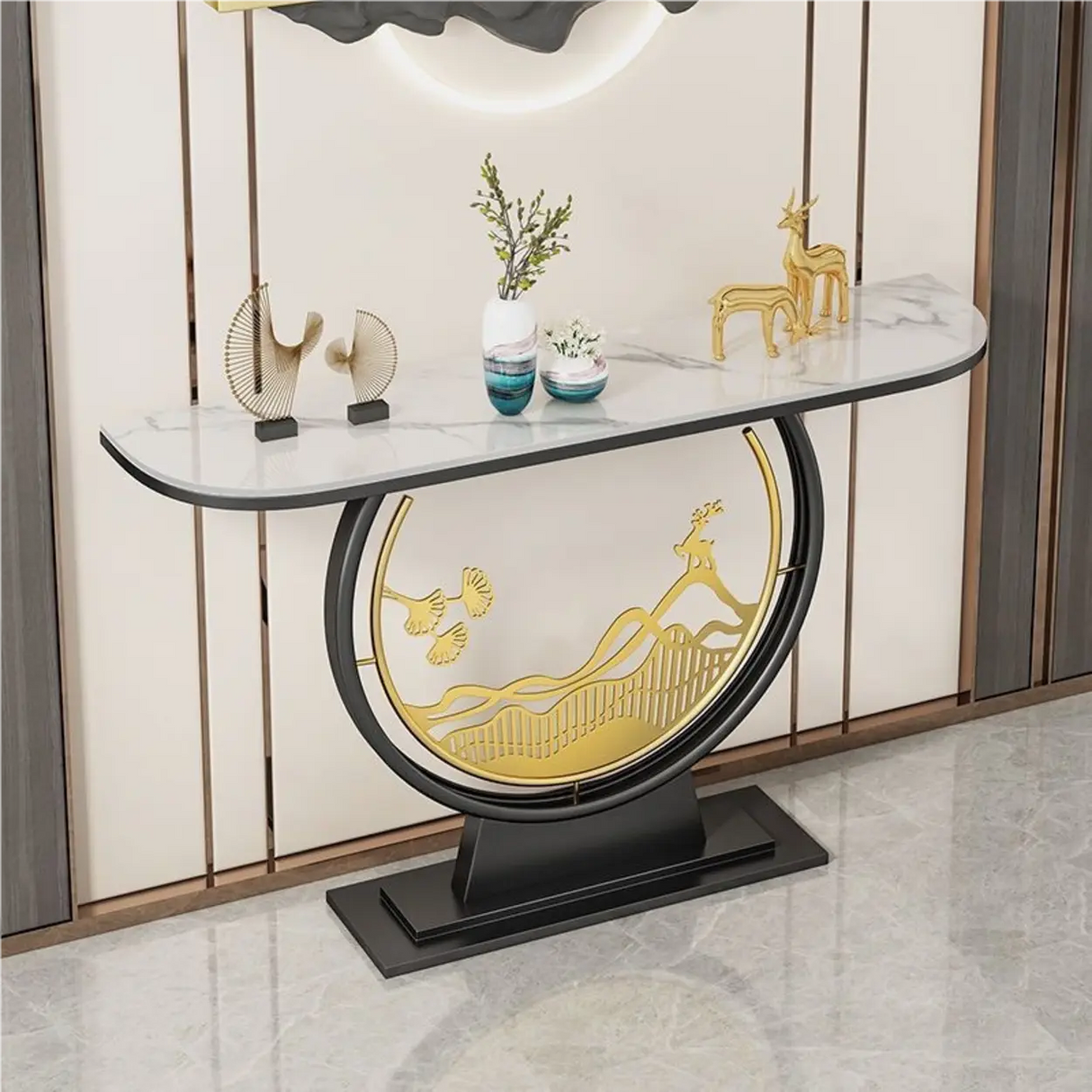 Elegant Half Moon Stone Top Gold Abstract Console Table Image - 7