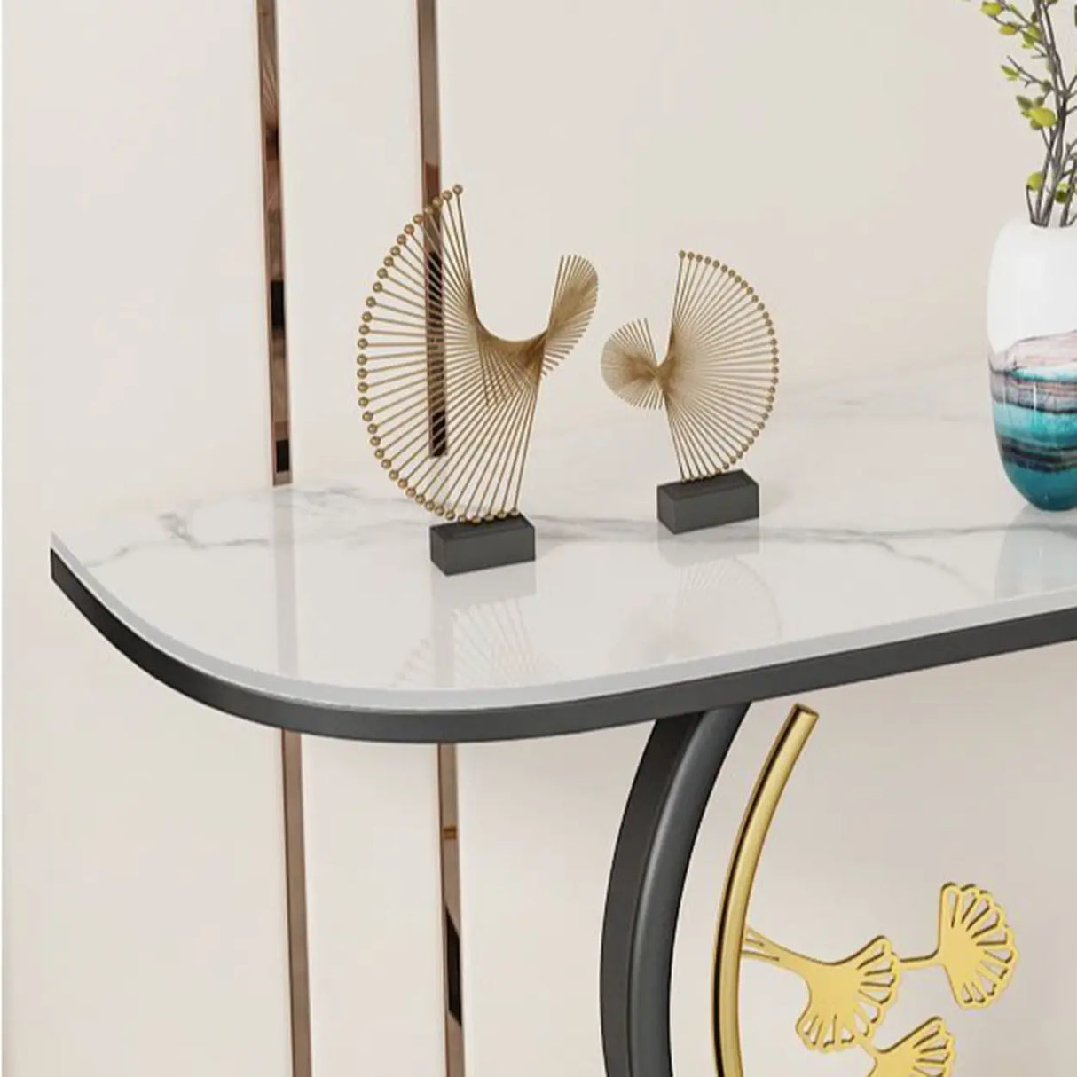Elegant Half Moon Stone Top Gold Abstract Console Table Image - 8