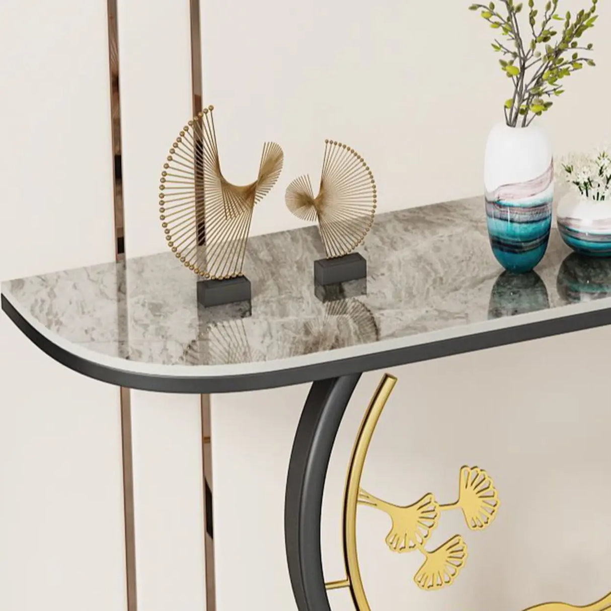 Elegant Half Moon Stone Top Gold Abstract Console Table Image - 9