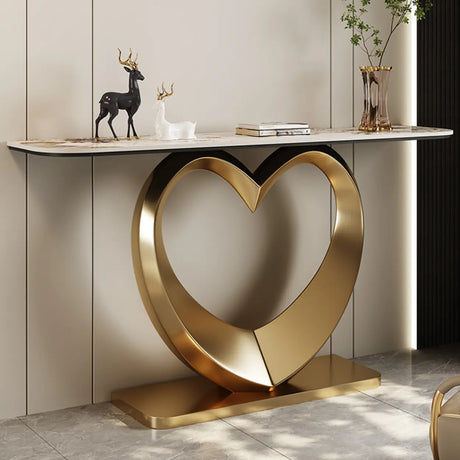 Elegant Heart Base Stone Top Gold Accent Console Table Image - 1