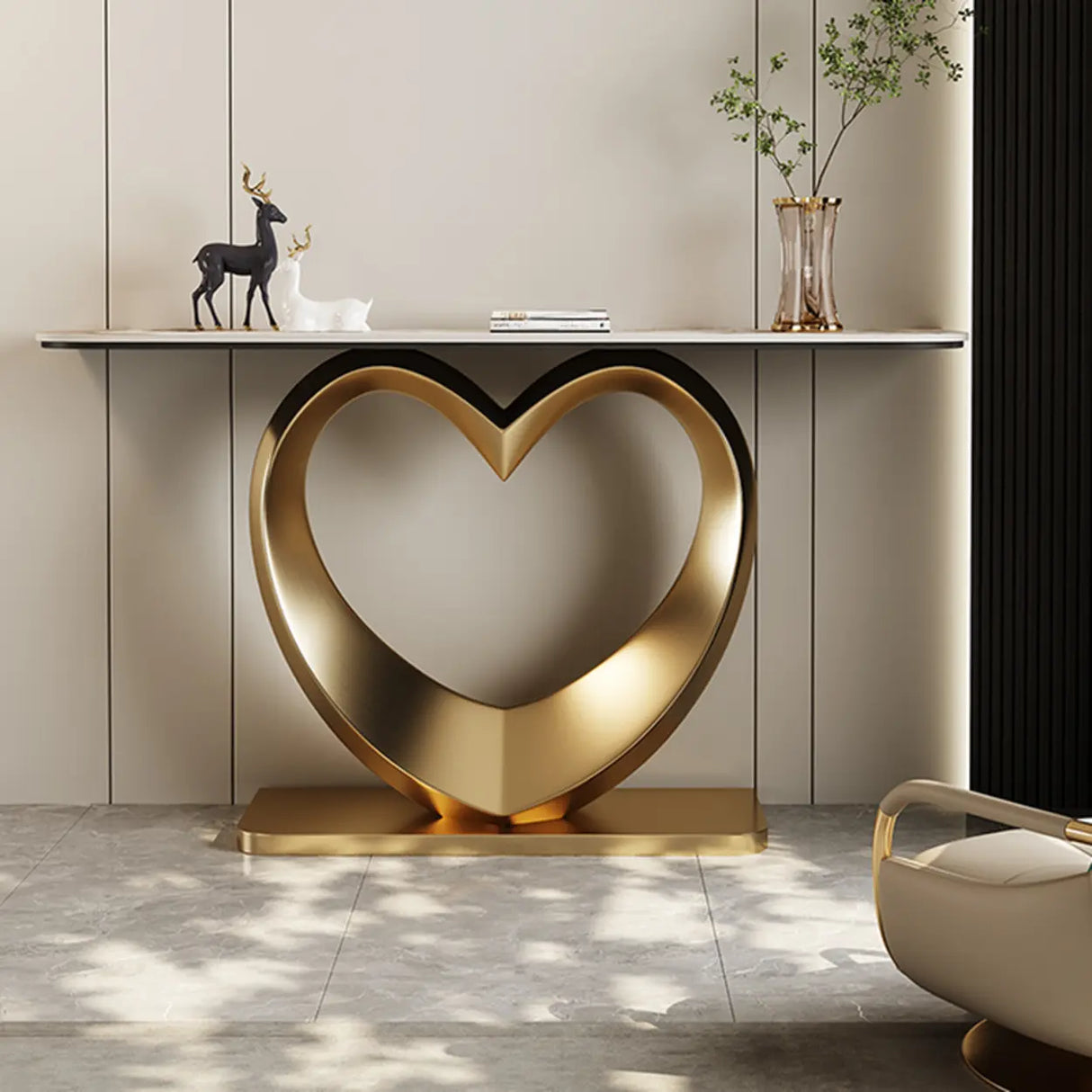 Elegant Heart Base Stone Top Gold Accent Console Table Image - 4