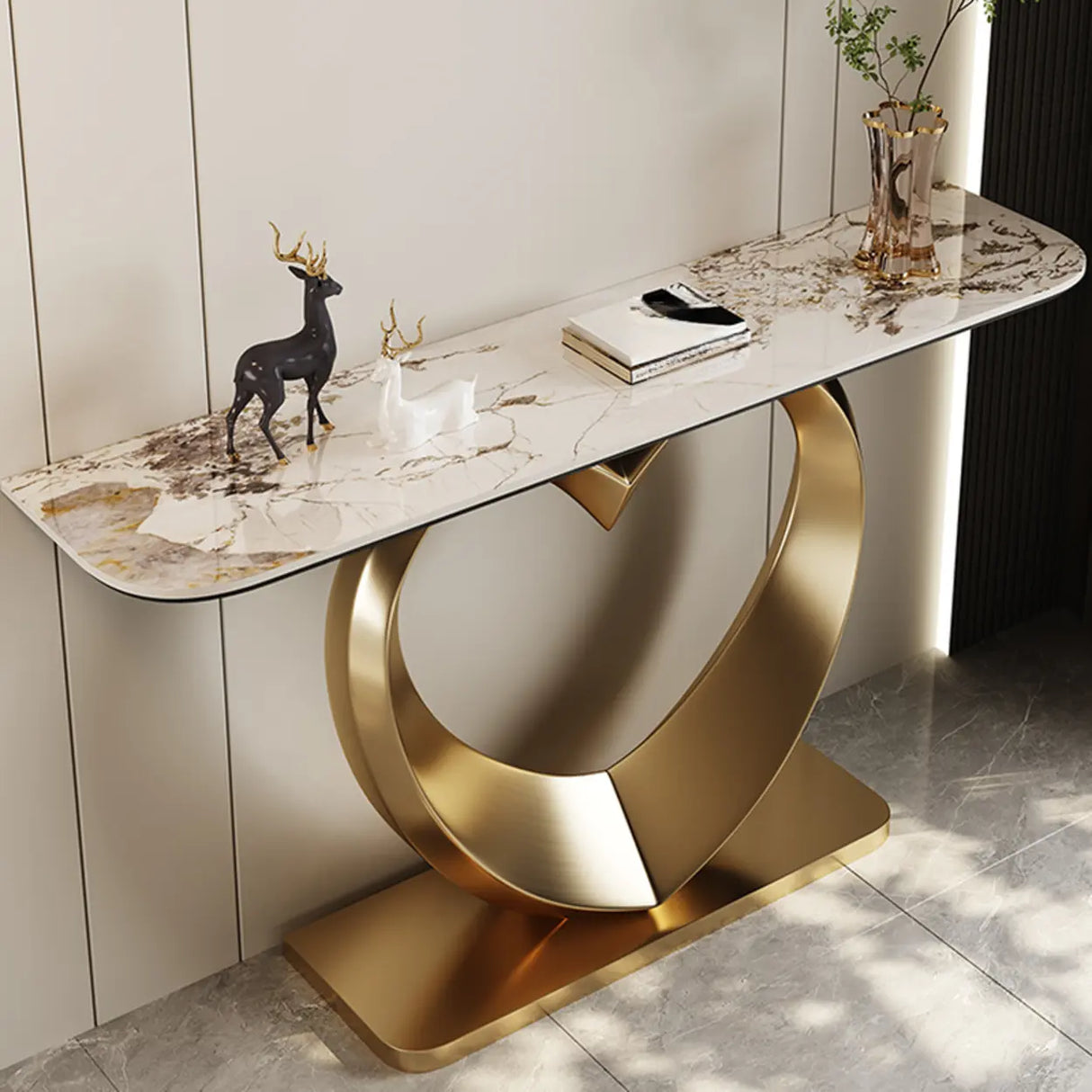 Elegant Heart Base Stone Top Gold Accent Console Table Image - 6
