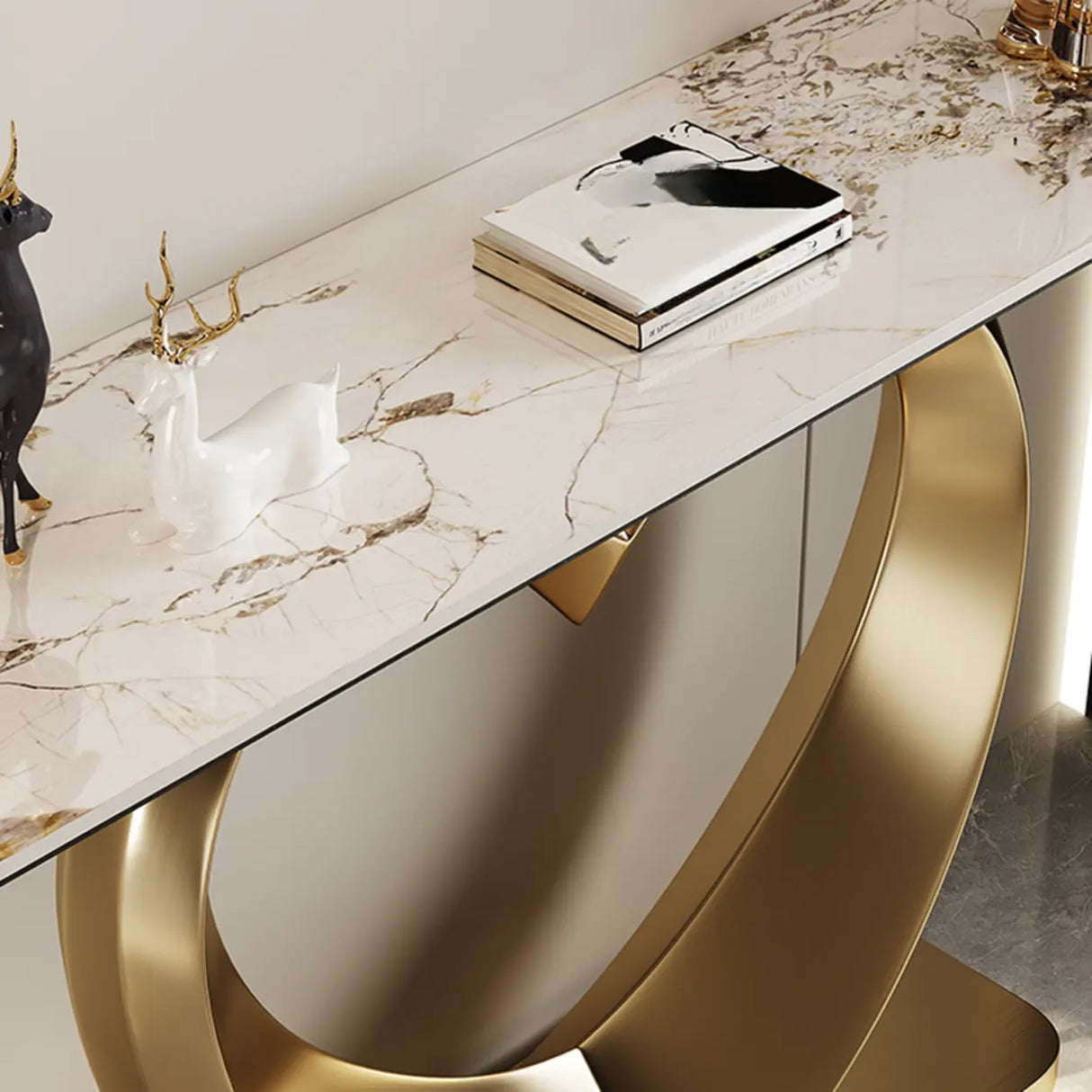 Elegant Heart Base Stone Top Gold Accent Console Table Image - 7