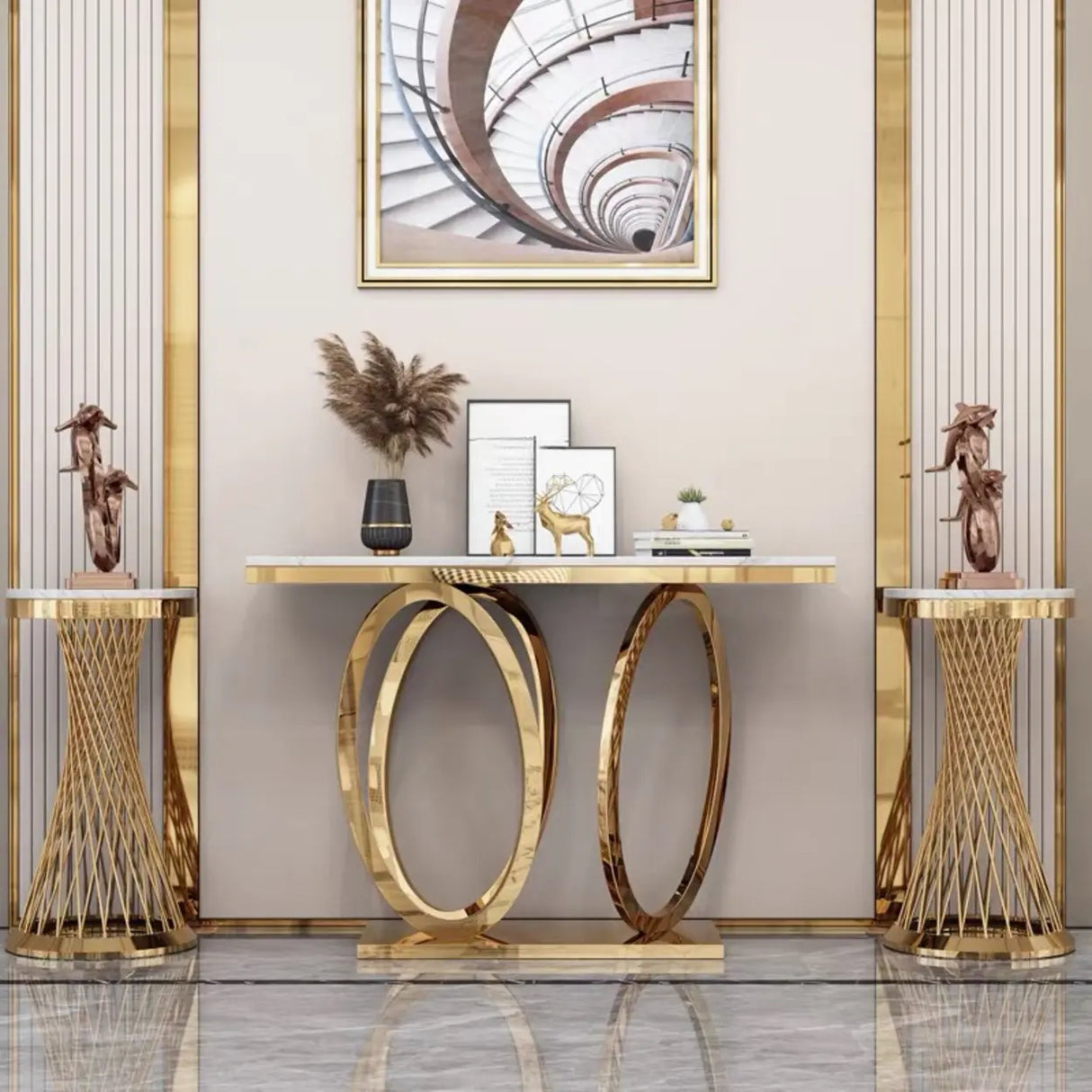 Elegant Marble Geometric Gold Standard Console Table Image - 4