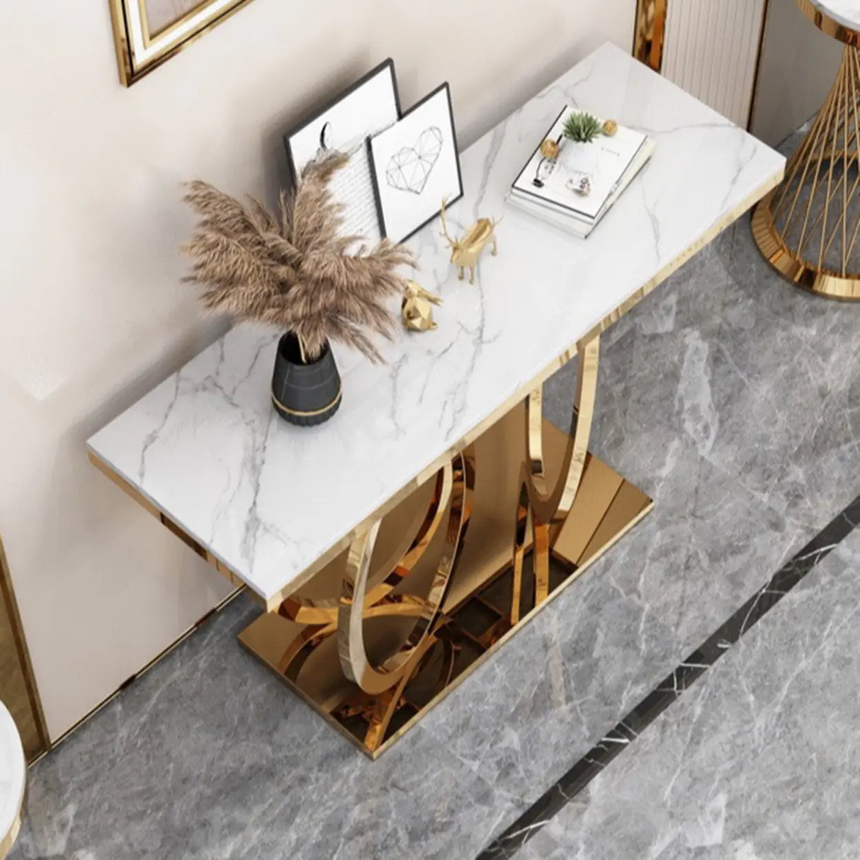 Elegant Marble Geometric Gold Standard Console Table Image - 6
