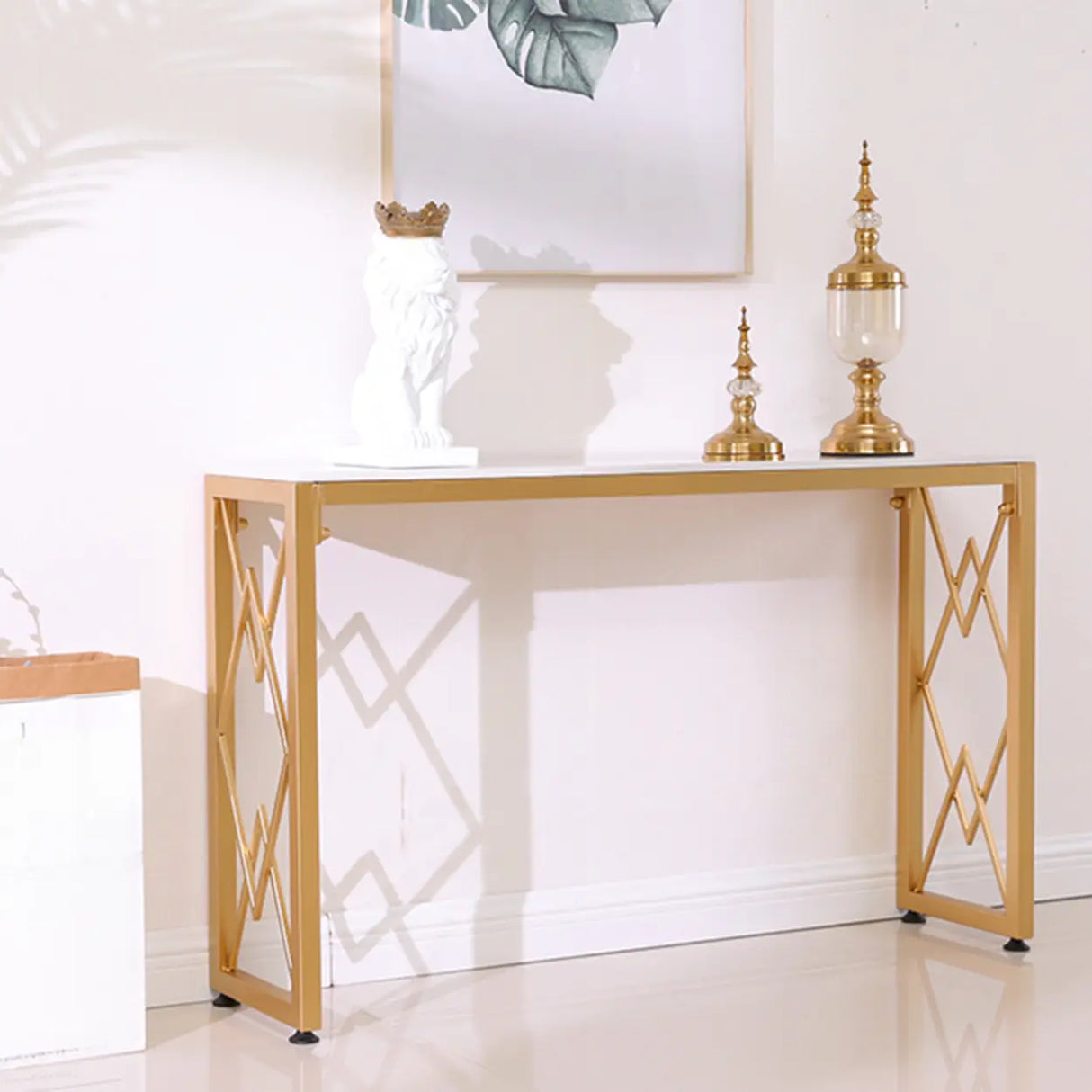 Elegant Marble Rectangular Gold Metal Base Console Table Image - 3