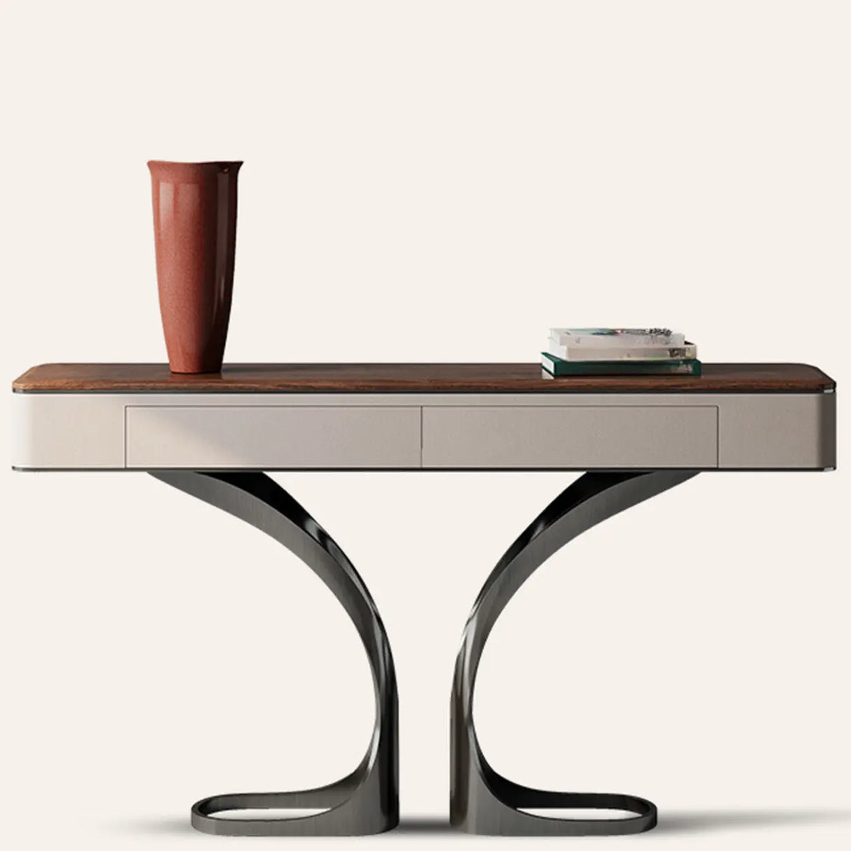 Elegant Metal  Curved Base Walnut Top Storage Console Table Image - 1