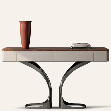 Elegant Metal  Curved Base Walnut Top Storage Console Table Image - 1