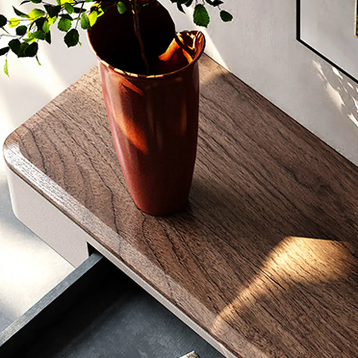 Elegant Metal  Curved Base Walnut Top Storage Console Table Image - 12