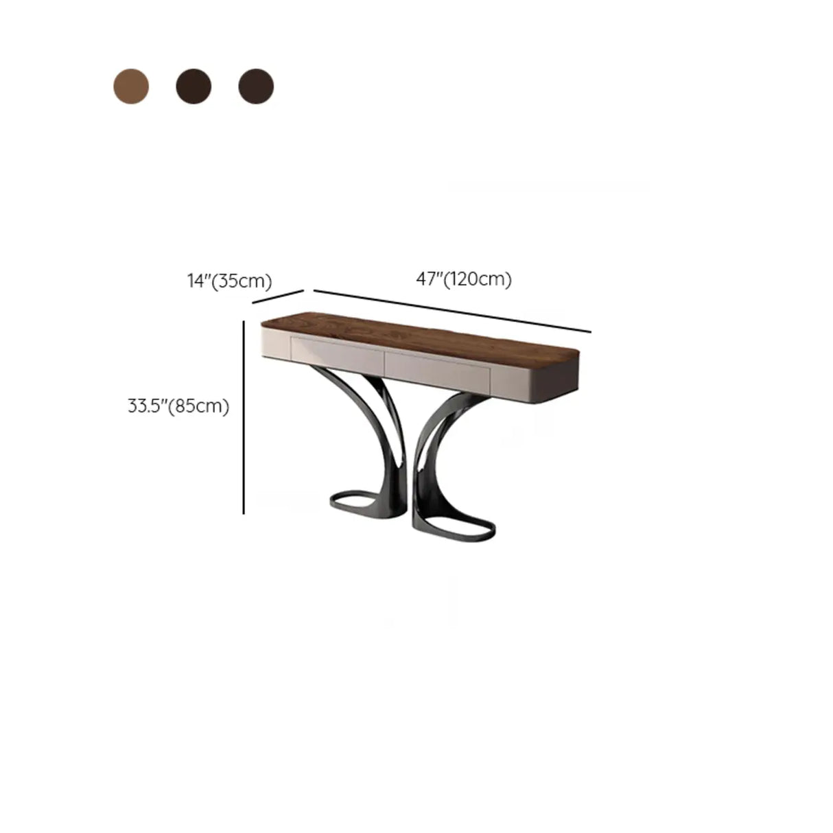 Elegant Metal  Curved Base Walnut Top Storage Console Table 