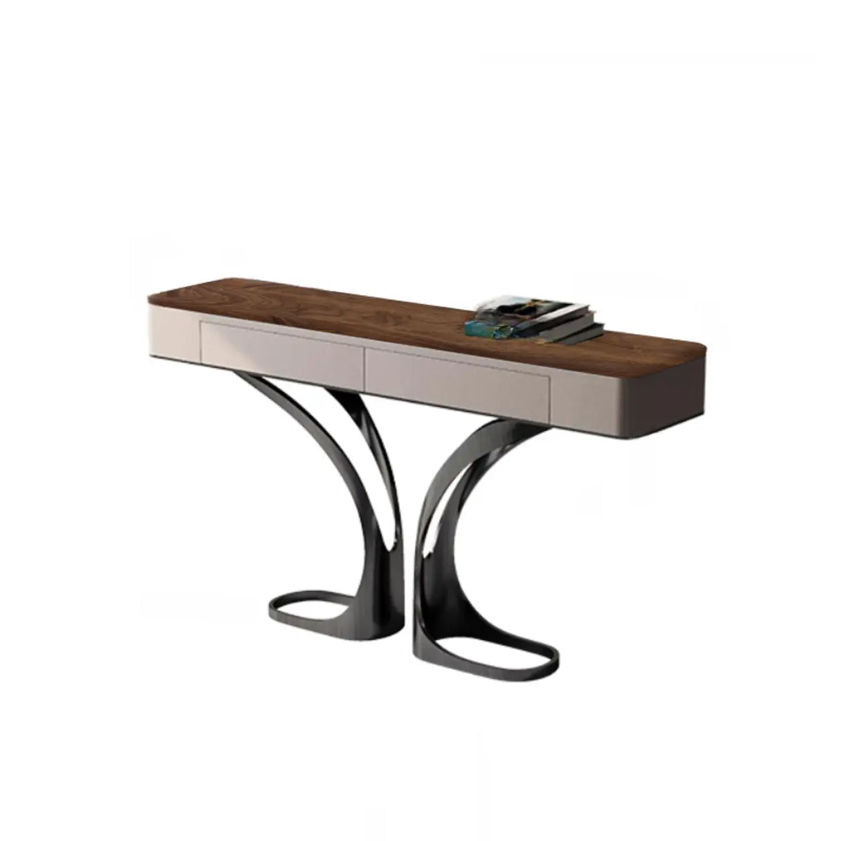 Elegant Metal  Curved Base Walnut Top Storage Console Table Image - 2